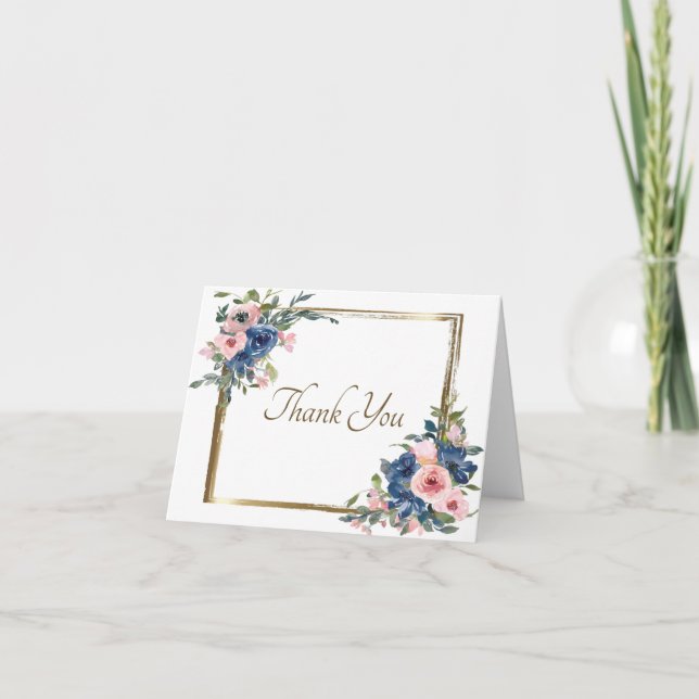 Rosa och blå akvarellblomma med guldram tack kort (Framsida)