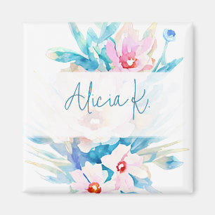 Rosa och blå akvarellblommig personlig magnet