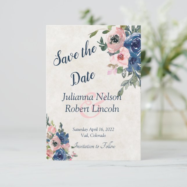 Rosa och blå akvarellblommig spara datum-inbjudan inbjudningar (Stående Fram)