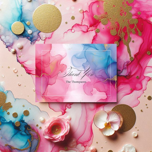 Rosa och Blå Alkoholbläck med Guldaccenter Tack Kort (Pink and Blue Alcohol Ink with Gold Accents Thank You Card)