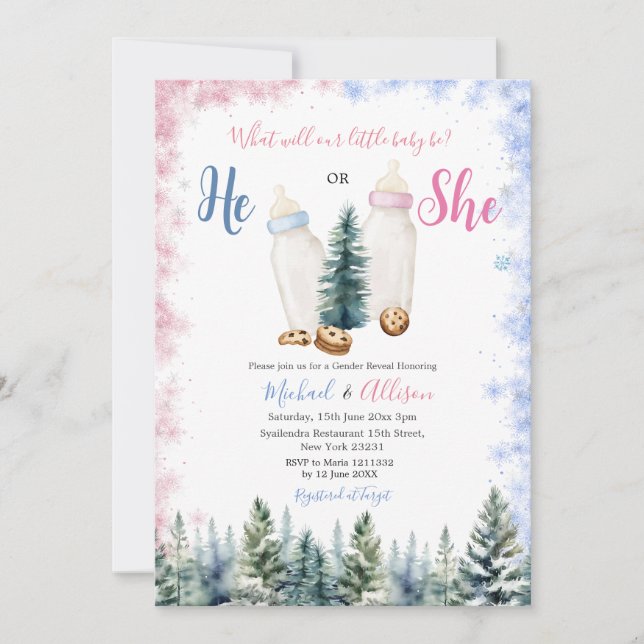 Rosa och Blå Baby Flaska som han eller hon Gender  Inbjudningar (Framsida)