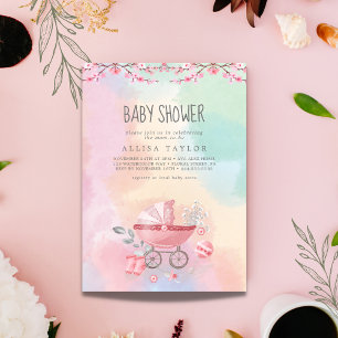Rosa och blå babydusch för baby vintage leksak inbjudningar