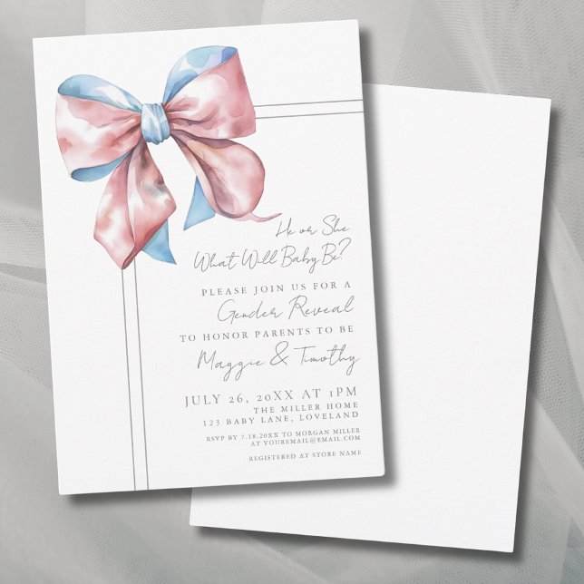 Rosa och Blå Båge Könsbestämningsfest Inbjudan (Pink And Blue Bow Gender Reveal Party Invitation)