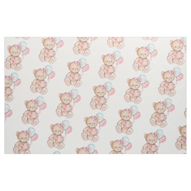 Rosa och blå ballonger och Nalle Flicka Tyg (Fat Quarter)