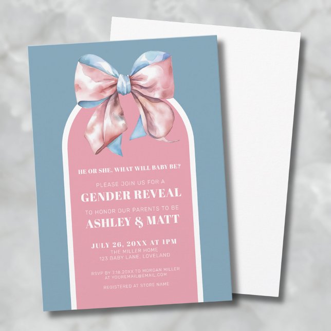 Rosa och Blå Band Köns Avslöjande Fest Inbjudningar (Pink And Blue Bow Gender Reveal Party Invitation)