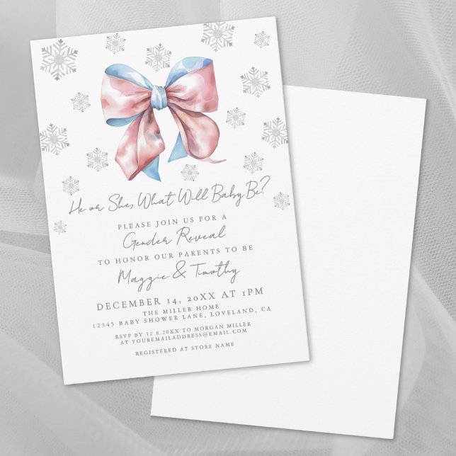 Rosa och Blå Band Köns Avslöjande Inbjudan (Pink And Blue Bow Gender Reveal Invitation)