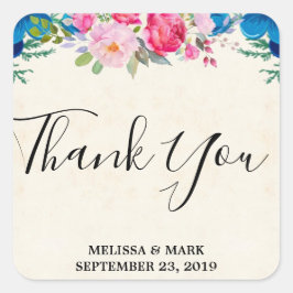 Rosa och Blå blomman Gräns Bröllop Tack Fyrkantigt Klistermärke