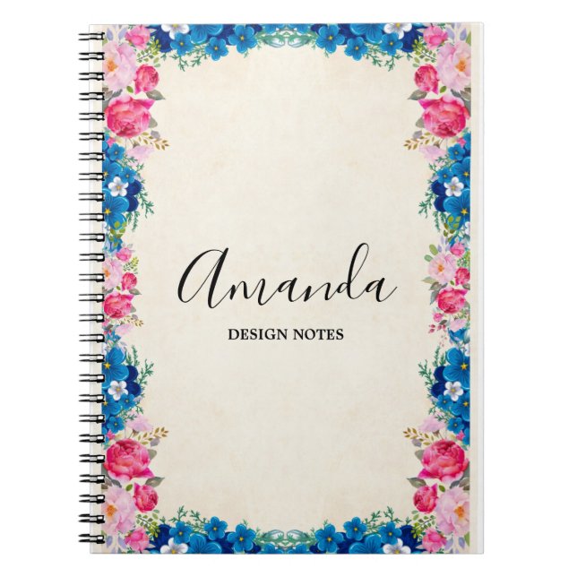 Rosa och Blå blomman Ram Finare Anteckningsbok (Framsidan)