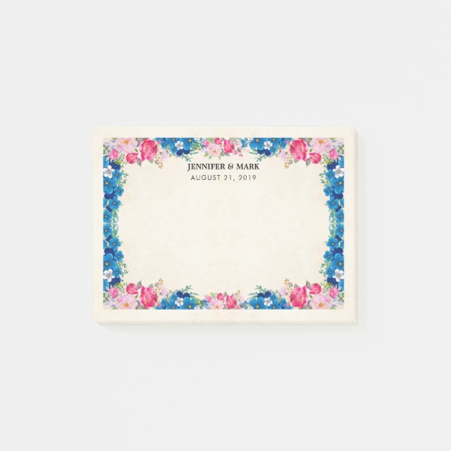 Rosa och Blå blomman Ram Finare Bröllop Post-it Block (Framsida)