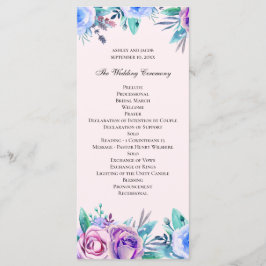 Rosa och blå blommande bröllop. Vattenfärg blommor Program