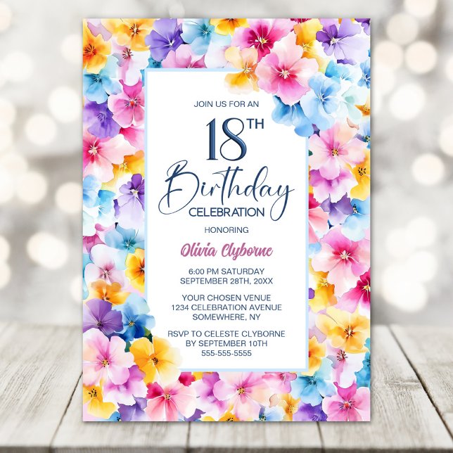 Rosa och Blå Blommig 18-årsfest Inbjudningar (Skapare uppladdad)
