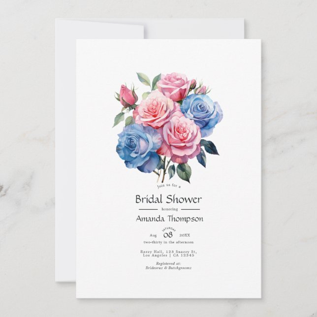 Rosa och Blå Blommig Bröllopsdusch Inbjudningar (Framsida)