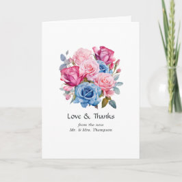 Rosa och Blå Blommig Bröllopsfoto Tack Kort