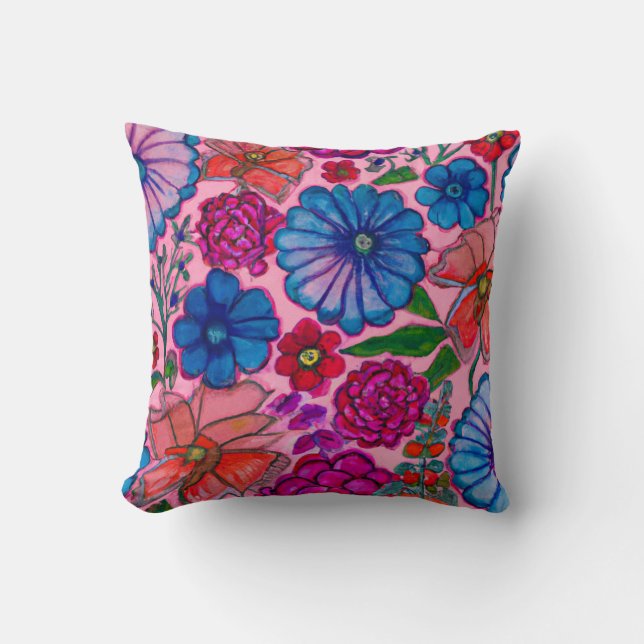 Rosa och blå blommig design kudde (Framsida)