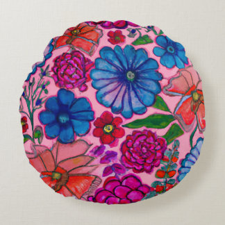 Rosa och blå blommig design rund kudde