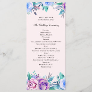 Rosa och blå blommigt bröllop. Vattenfärgblommor Program
