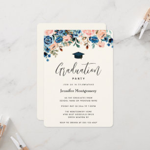 Rosa och blå Blommigt Gräns med Studentmössa Inbjudningar
