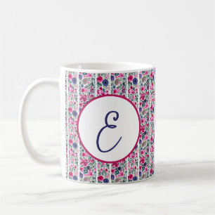rosa och blå blommor och vita ränder monogram kaffemugg