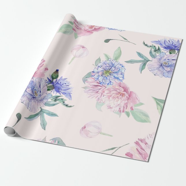 Rosa och blå blomstermålning i akvarell presentpapper (Utrullad)