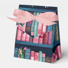 Rosa och blå böcker och blommor på bokhylla presentaskar