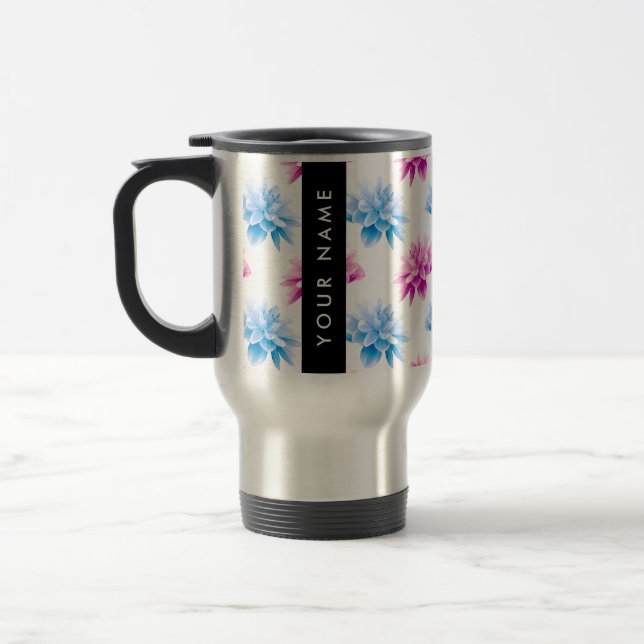 Rosa och Blå Dahlia, Blommönster, Ditt Namn Resemugg (Vänster)