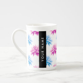 Rosa och blå dahlia, blomster mönster, Ditt Namn Benporslin Mugg