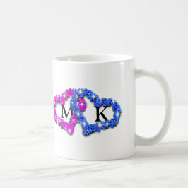 Rosa och blå Dubbla Monogram Blommigt Valentine Kaffemugg
