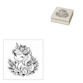 Rosa och blå enhörn och blommor stämpel