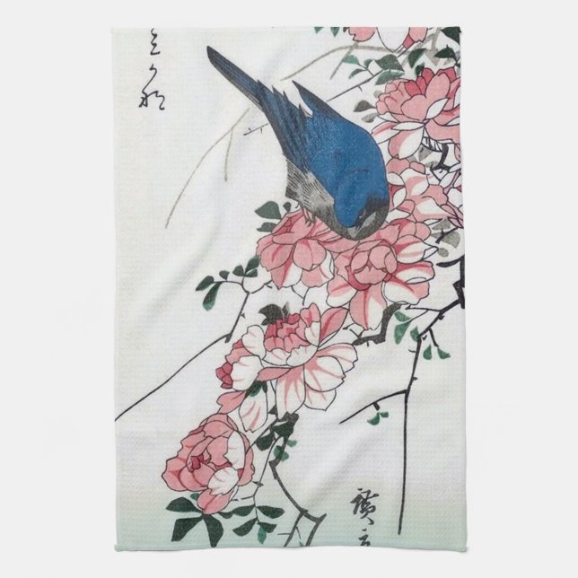 Rosa och blå fågel, Hiroshige, Ukiyo-e Kökshandduk (Vertikal)
