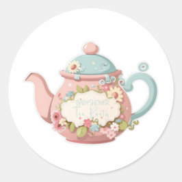 Rosa och blå färg-Tekanna med Blommigt Runt Klistermärke