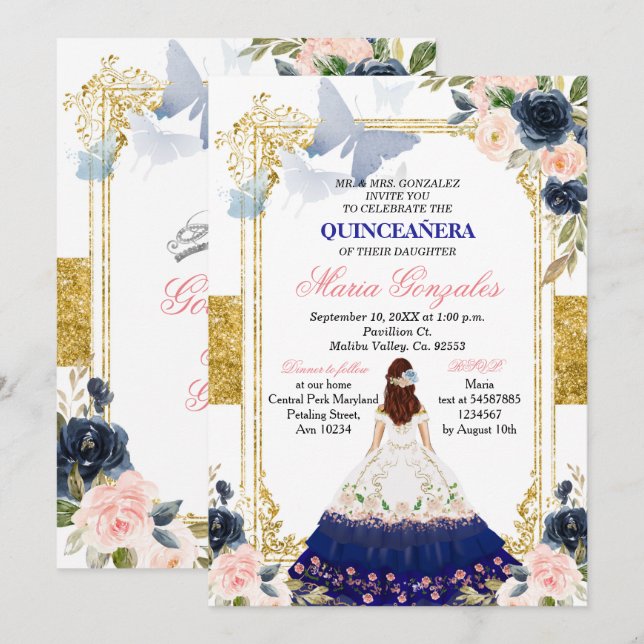 Rosa och blå fjäril Quinceanera Mexikansk födelsed Inbjudningar (Fram/baksida)