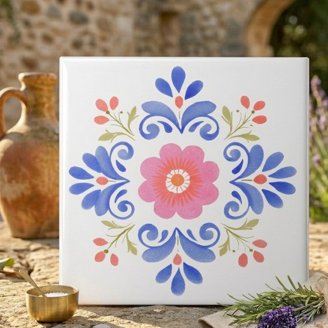 Rosa och blå folklig blomsterdekorativ kakel (Pink and Blue Folk Art Floral Decorative Tile)
