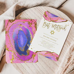 Rosa och blå geode med Guld BAT MITZVAH Inbjudningar