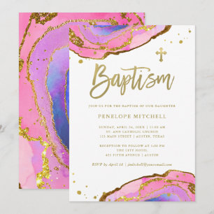 Rosa och blå geode med Guld Kor Baptism Inbjudningar
