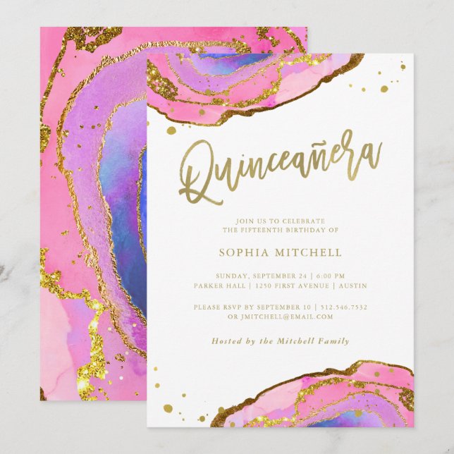 Rosa och blå geode med Guld | Quinceanera Inbjudningar (Fram/baksida)