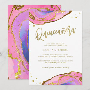 Rosa och blå geode med Guld Quinceanera Inbjudningar