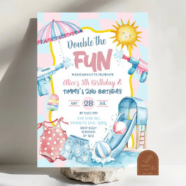 Rosa och Blå Groovy Pastell Syskon Pool Födelsedag Inbjudningar