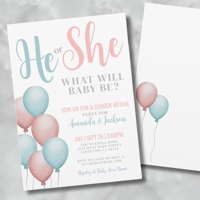 Rosa Och Blå Han Hon Köns Avslöjande Inbjudningar (He She Gender Reveal Invitation)