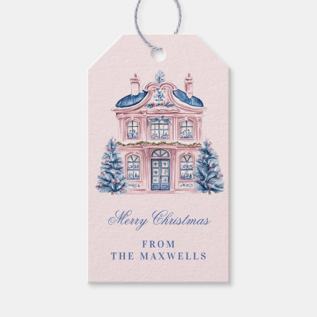 Rosa och blå julhus presentetikett (Framsidan)