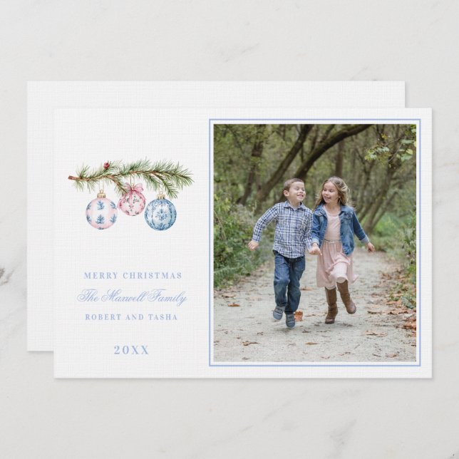 Rosa och blå julprydnadsföremål inbjudningar (Fram/baksida)