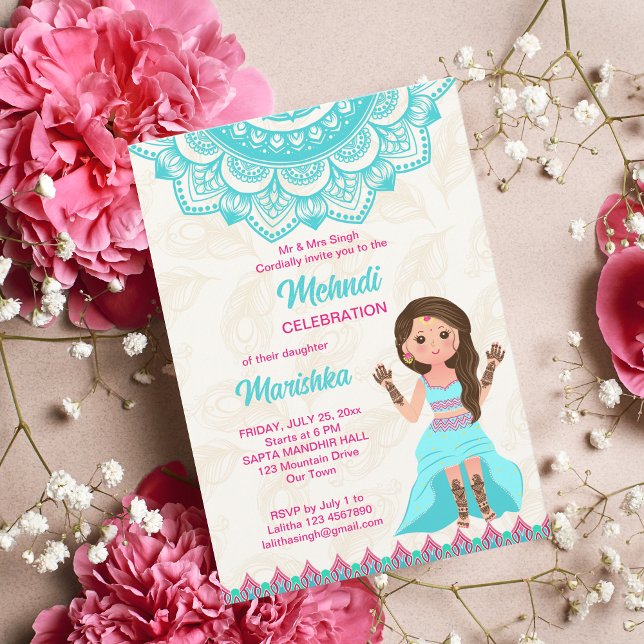 Rosa och blå mehndi mandala söt indiansk flicka inbjudningar (Skapare uppladdad)