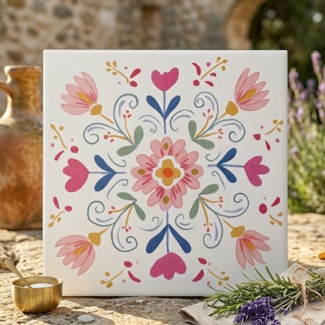Rosa och Blå Mjuk Botanisk Folkkonst Dekorativ Kakelplatta (Pink and Blue Soft Botanical Folk Art Decorative Ceramic Tile)