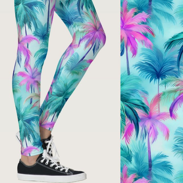 Rosa och blå palmer Tropiskt mönster Leggings (Skapare uppladdad)
