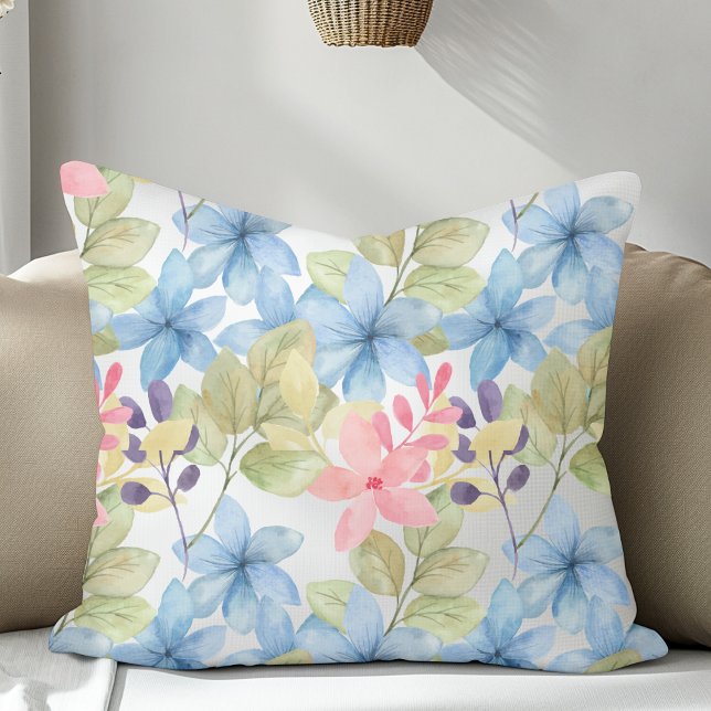 Rosa och blå Pastel-Blommigt, vattenfärg genomskin Kudde (Skapare uppladdad)