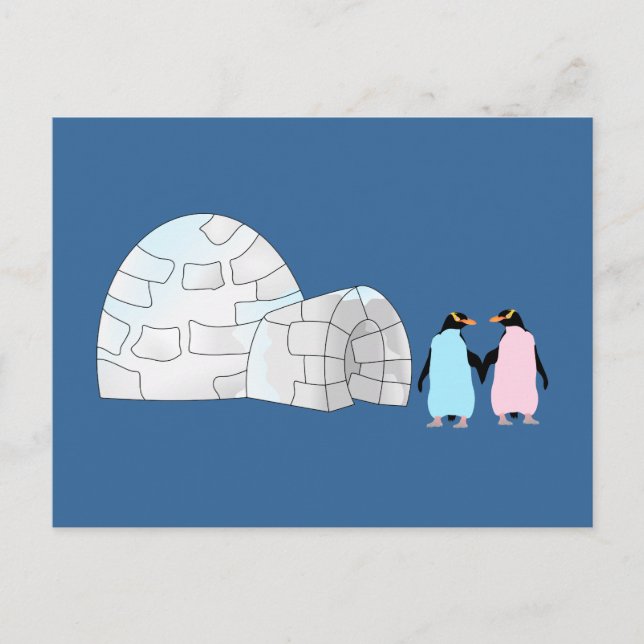 Rosa och blå penguiner vid igloo vykort (Framsida)