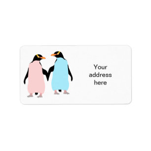 Rosa och blå Penguins som håller händer. Adressetikett