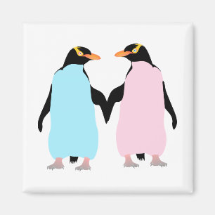 Rosa och blå Penguins som håller händer. Magnet