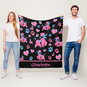 Rosa och Blå Pudel Mönster på Svart Bakgrund Fleecefilt