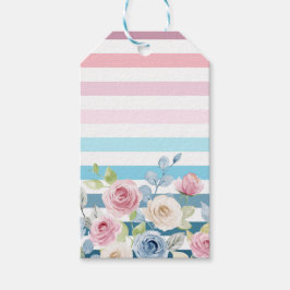 Rosa och blå rand och blomma presentetikett