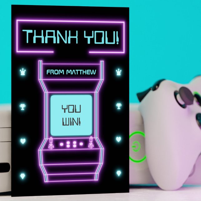 Rosa och Blå Retro Arkadspel Tack Kort (Pink and Blue Retro Arcade Video Game Thank You Card)